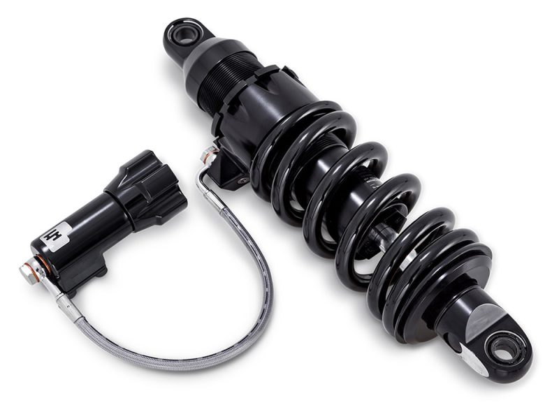 465 Series Black motorcycle shock absorber with coil spring, suspension component for Revelry Motorcycles.