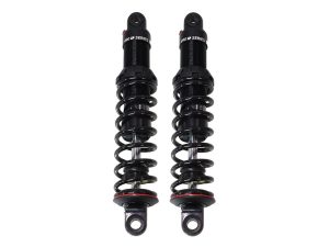 Black motorcycle shock absorbers for Revelry Motorcycles custom bikes and parts.