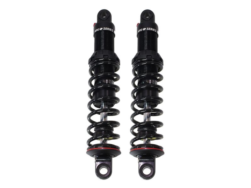 Black motorcycle shock absorbers for Revelry Motorcycles custom bikes and parts.