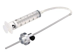 High-quality syringe with metal and plastic components for motorcycle maintenance and repairs.