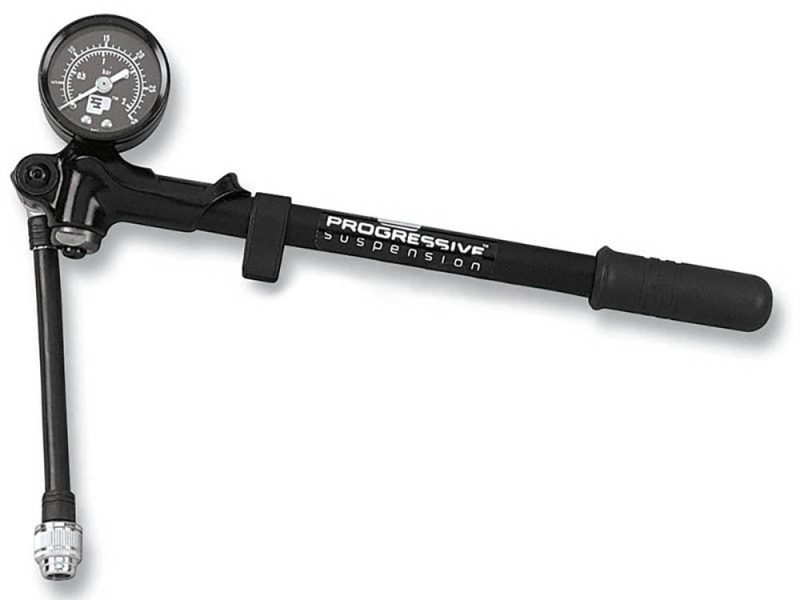 Progressive Suspension bike pump with pressure gauge for motorcycle maintenance and repairs.