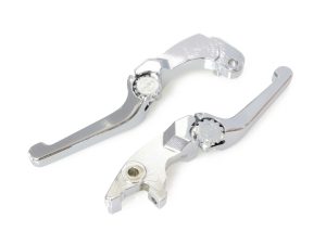 Chrome motorcycle brake and clutch levers for Revelry Motorcycles, high-quality bike accessories.