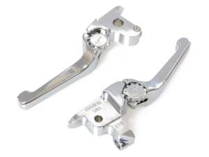 Shiny chrome motorcycle clutch levers for Revelry Motorcycles Australia.