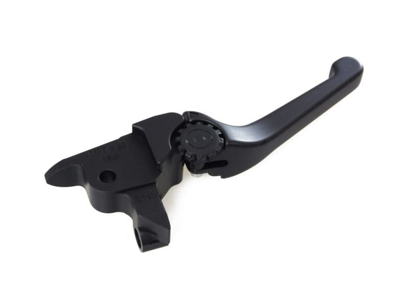 Handlebar control lever for motorcycles, black anodised, durable and lightweight.