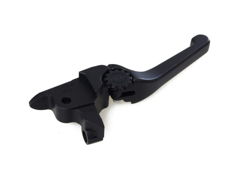 Brake lever for motorcycles, durable black riding gear part.