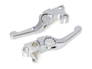 Chrome motorcycle brake and clutch levers for Revelry Motorcycles.