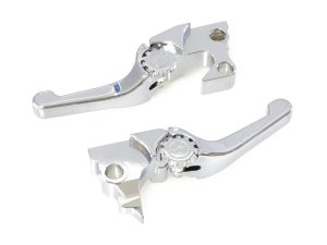 Polished motorcycle brake and clutch levers for Harley Davidson custom bikes.