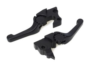 Black motorcycle clutch and brake levers for Revelry Motorcycles.