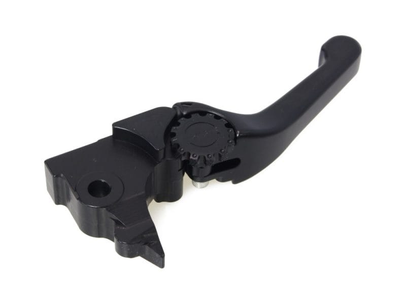 Black motorcycle clutch lever for Revelry Motorcycles, Australian-made bike accessories, durable and lightweight.