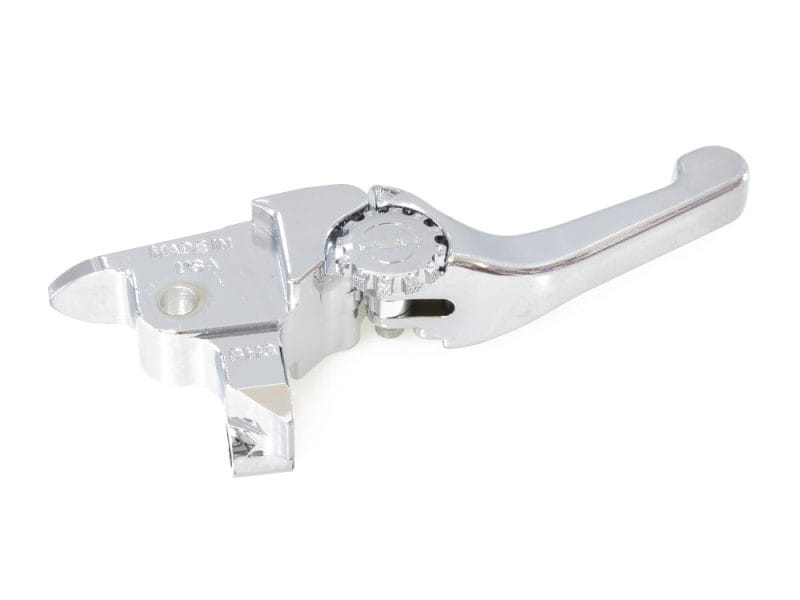 Chrome motorcycle clutch lever with adjustable tension, compatible with revvtrly bikes.