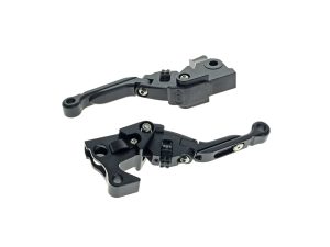 High-quality motorcycle clutch levers for Revelry Motorcycles, black anodised finish, durable metal construction.