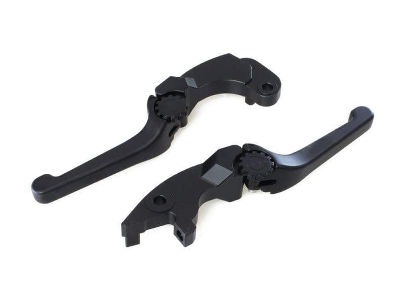 Black motorcycle brake and clutch levers for Revelry Motorcycles.