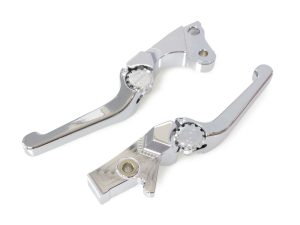 Polished motorcycle clutch and brake levers for Harley Davidson bikes.