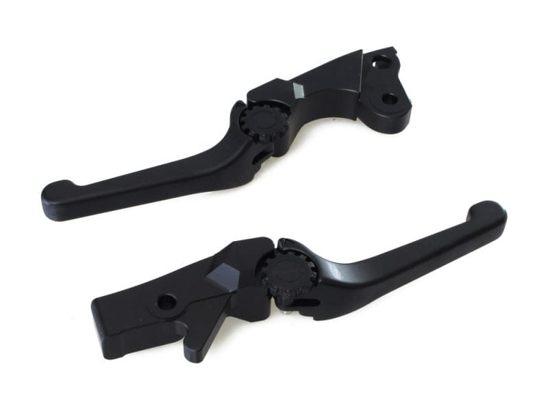High-quality black motorcycle brake and clutch levers for enhanced riding control.