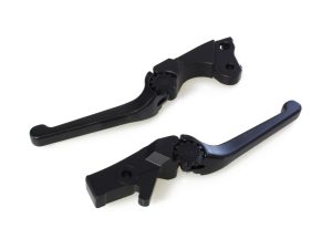 Comfortable black motorcycle clutch and brake levers for Harley Davidson bikes.