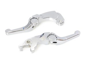 Machined motorcycle brake levers in chrome finish for Revelry Motorcycles.