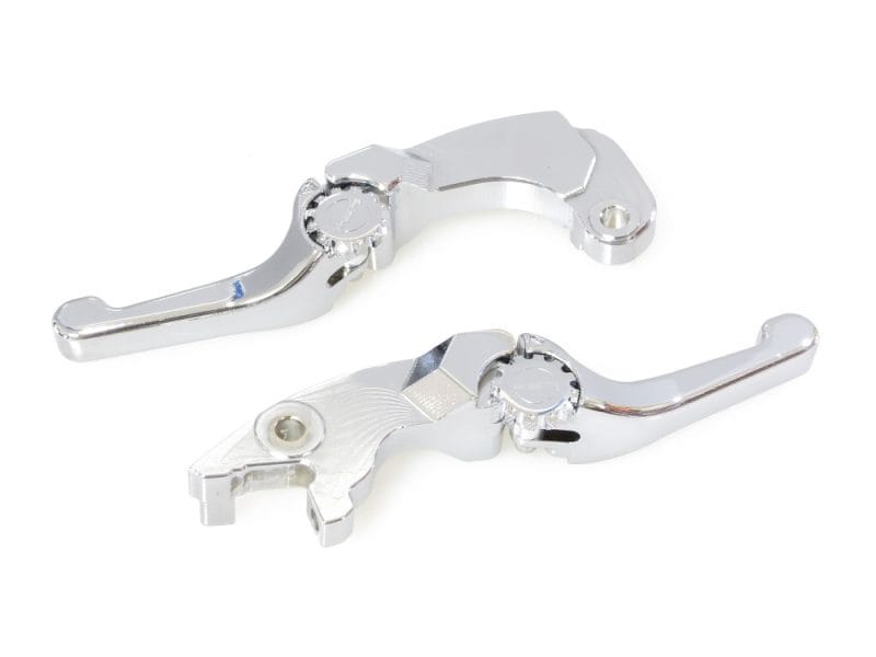Machined motorcycle brake levers in chrome finish for Revelry Motorcycles.
