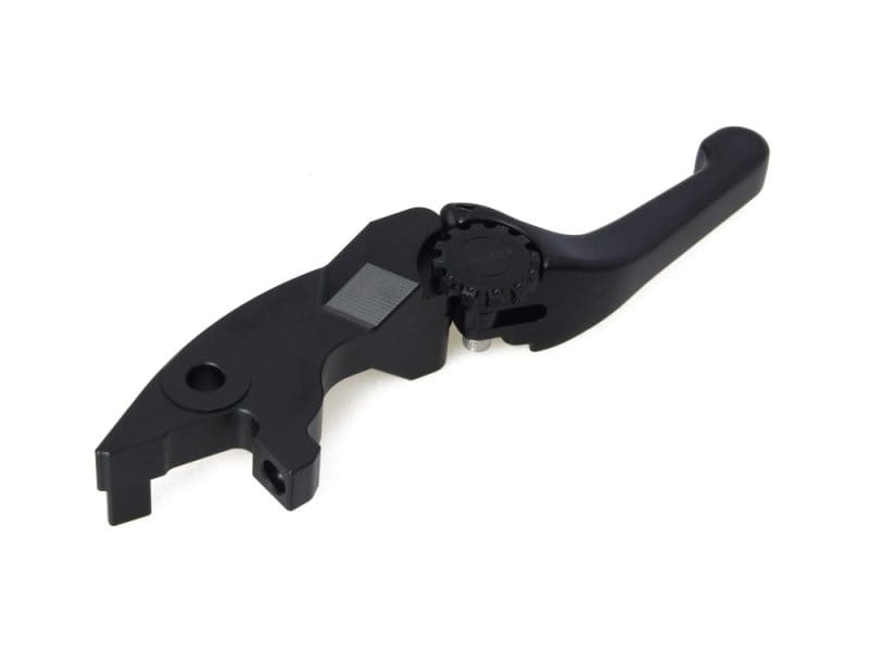 Black motorcycle clutch lever for Harley Davidson bikes, durable and lightweight.