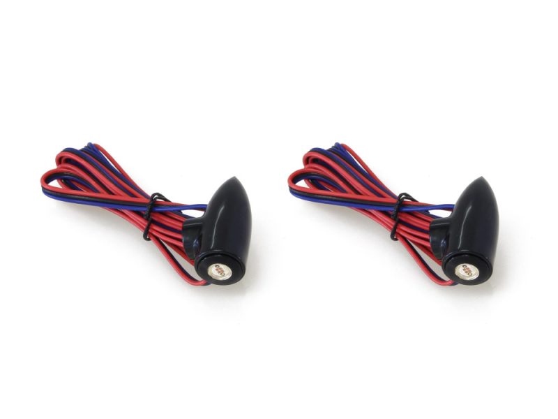 Universal Lightning Mini Bullets with Amber LED - Gloss Black. 2. Small motorcycle turn signal lights with red and blue wiring for Revelry Motorcycles.