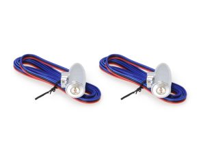 Blue and red motorcycle LED turn signal wires with chrome mounting brackets for Revelry Motorcycles.