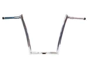 Chrome motorcycle handlebar with ergonomic design, ideal for custom bikes.