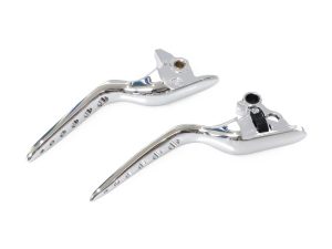 Chrome motorcycle brake levers for Revelry custom bikes, high-quality aluminium parts.