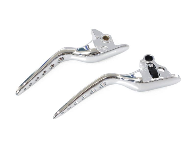 Chrome motorcycle brake levers for Revelry custom bikes, high-quality aluminium parts.