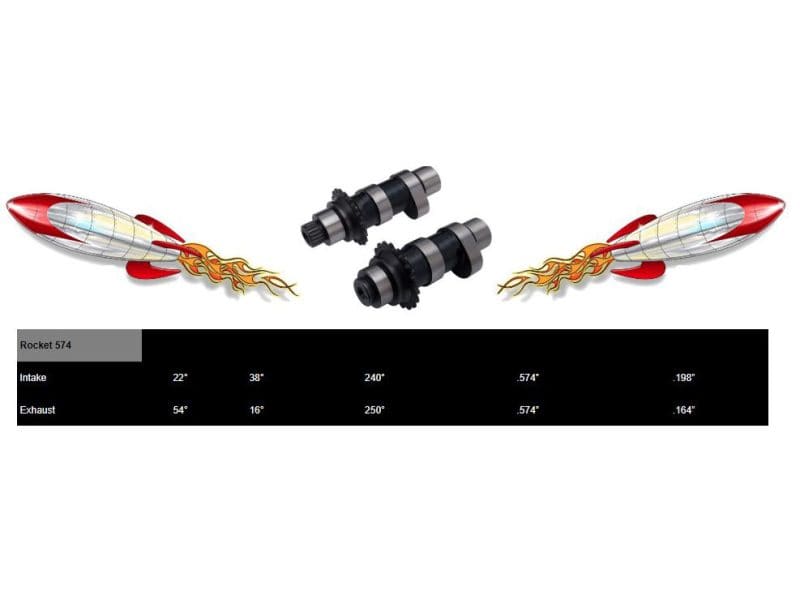 High-performance motorcycle engine camshaft with rocket illustration, ideal for revelry motorcycles.