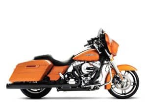 Harley-Davidson touring motorcycle in orange with saddlebags.