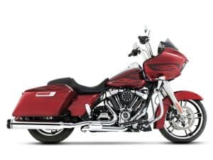 Vivid red Harley-Davidson touring motorcycle with custom flame decals, perfect for motorcycle enthusiasts.