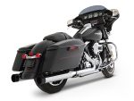 High-end black Harley Davidson touring motorcycle with saddlebags and chrome details.