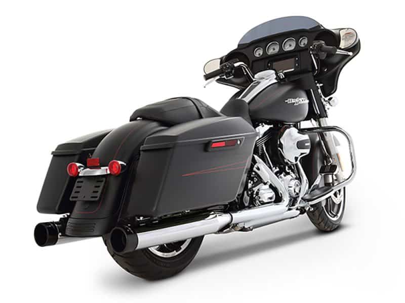 High-end black Harley Davidson touring motorcycle with saddlebags and chrome details.