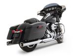 Black touring motorcycle with saddlebags and custom exhausts for Harley-Davidson enthusiasts.