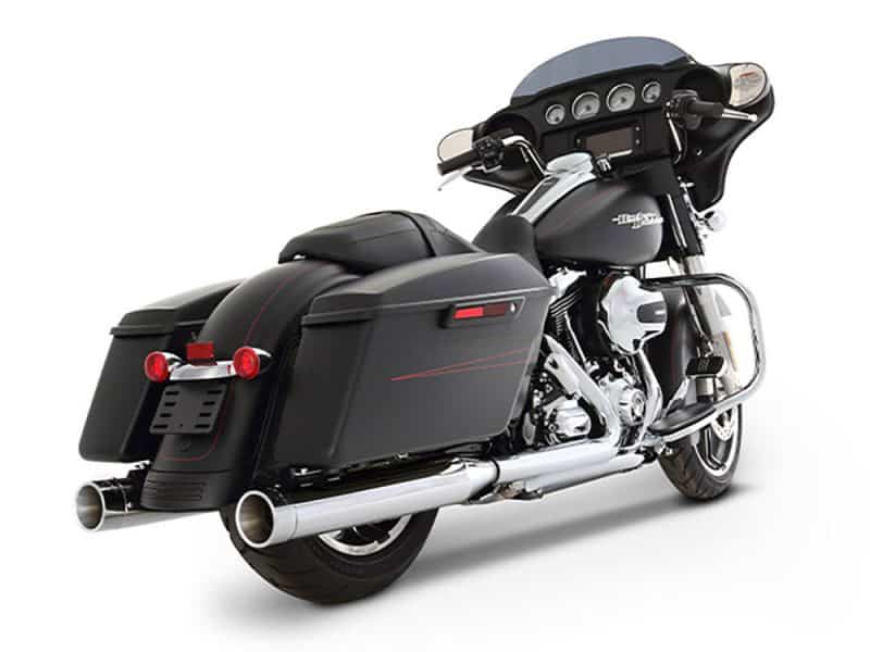 Black touring motorcycle with saddlebags and custom exhausts for Harley-Davidson enthusiasts.