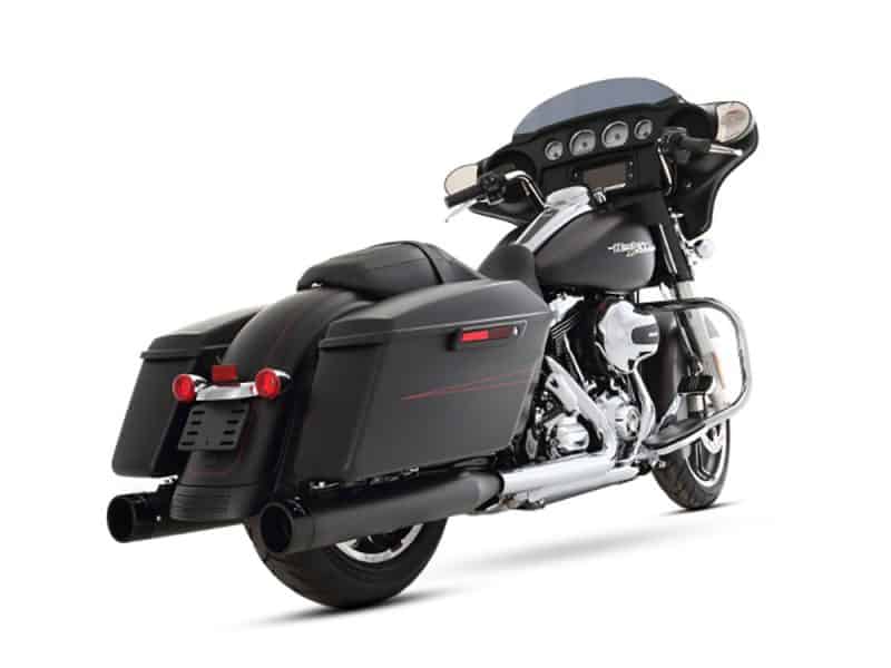 Black touring Harley Davidson motorcycle with saddlebags and chrome accents.