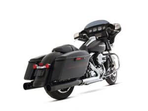Black touring Harley Davidson motorcycle with saddlebags and navigation system.