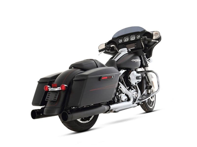 Black touring Harley Davidson motorcycle with saddlebags and navigation system.