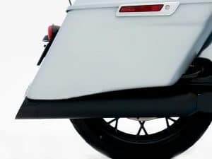 Sleek motorcycle rear storage box with red tail light and black wheel, ideal for Revelry Motorcycles.