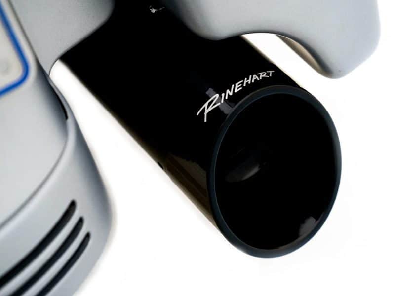 High-performance motorcycle exhaust pipe with Rinehart branding by Revelry Motorcycles in Australia.
