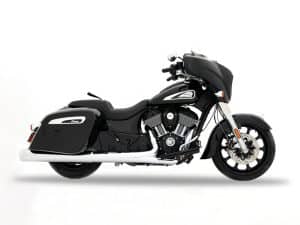 Black Indian Motorcycle touring bike with saddlebags, cruiser style, and modern design.