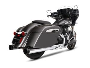 Rinehart Racing touring motorcycle with custom grey saddlebags and black details, ideal for long-distance cruising.
