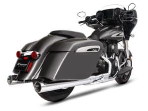 Sleek grey Indian motorcycle with chrome exhaust and saddlebags, perfect for touring and cruiser riding.