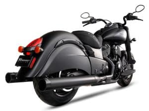 Vintera Indian Motorcycle cruiser with matte black finish and dual exhaust pipes.