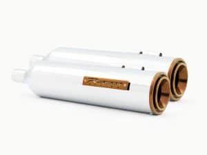 Dual motorcycle exhaust system in white with bronze accents from Revelry Motorcycles Australia.