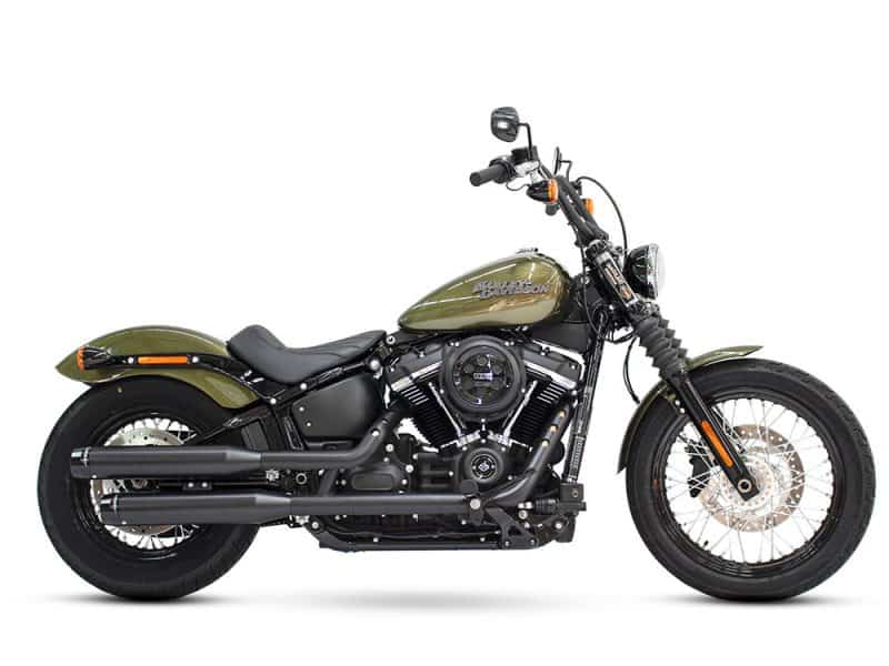 3-1/2in. Slip-On Mufflers - Black with Black Contrast Cut End Caps. Fits Softail Slim Harley-Davidson cruiser motorcycle in matte green with black exhaust and classic styling.