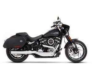 Harley-Davidson touring motorcycle in black with saddlebags and chrome details.