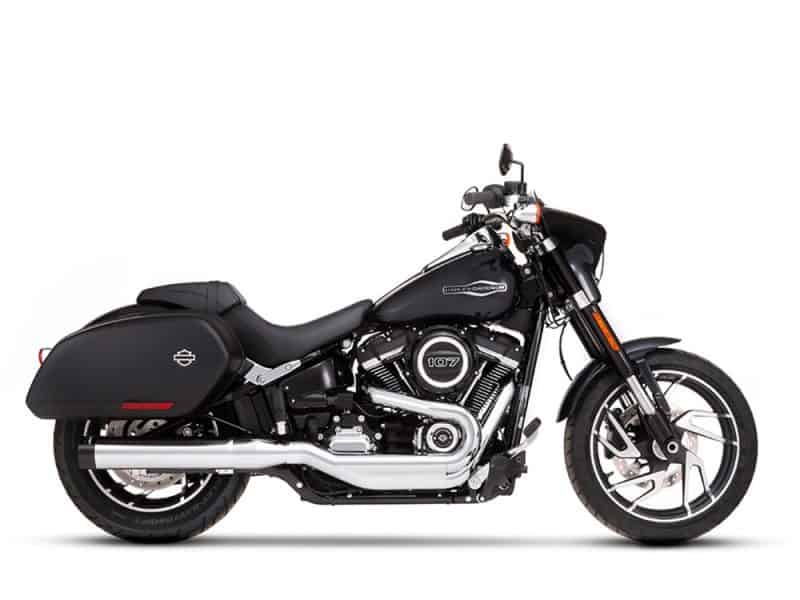 4in. Slip-On Muffler - Chrome with Black End Cap. Fits Sport Glide 2018-2024 Harley-Davidson touring motorcycle in black with saddlebags and chrome details.