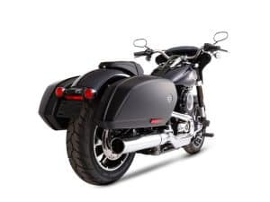 Black Harley-Davidson touring motorcycle with saddlebags and chrome accents.