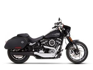 Harley-Davidson touring motorcycle with saddlebags, black finish, and powerful engine.