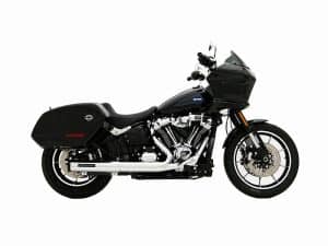 Harley-Davidson touring motorcycle with black finish and saddlebags for comfortable long rides.